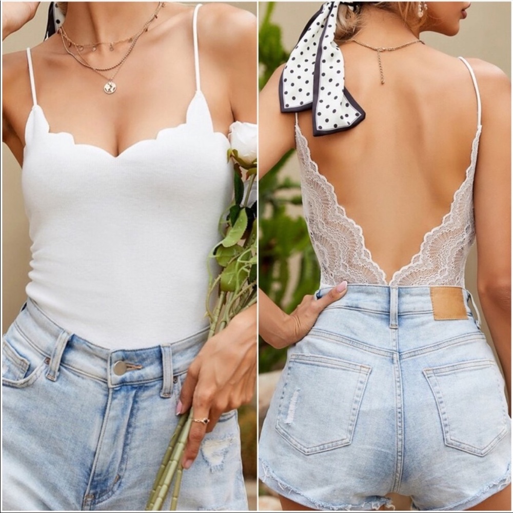 Boho scallop lace V neck low back cami bodysuit - Picture 1 of 11